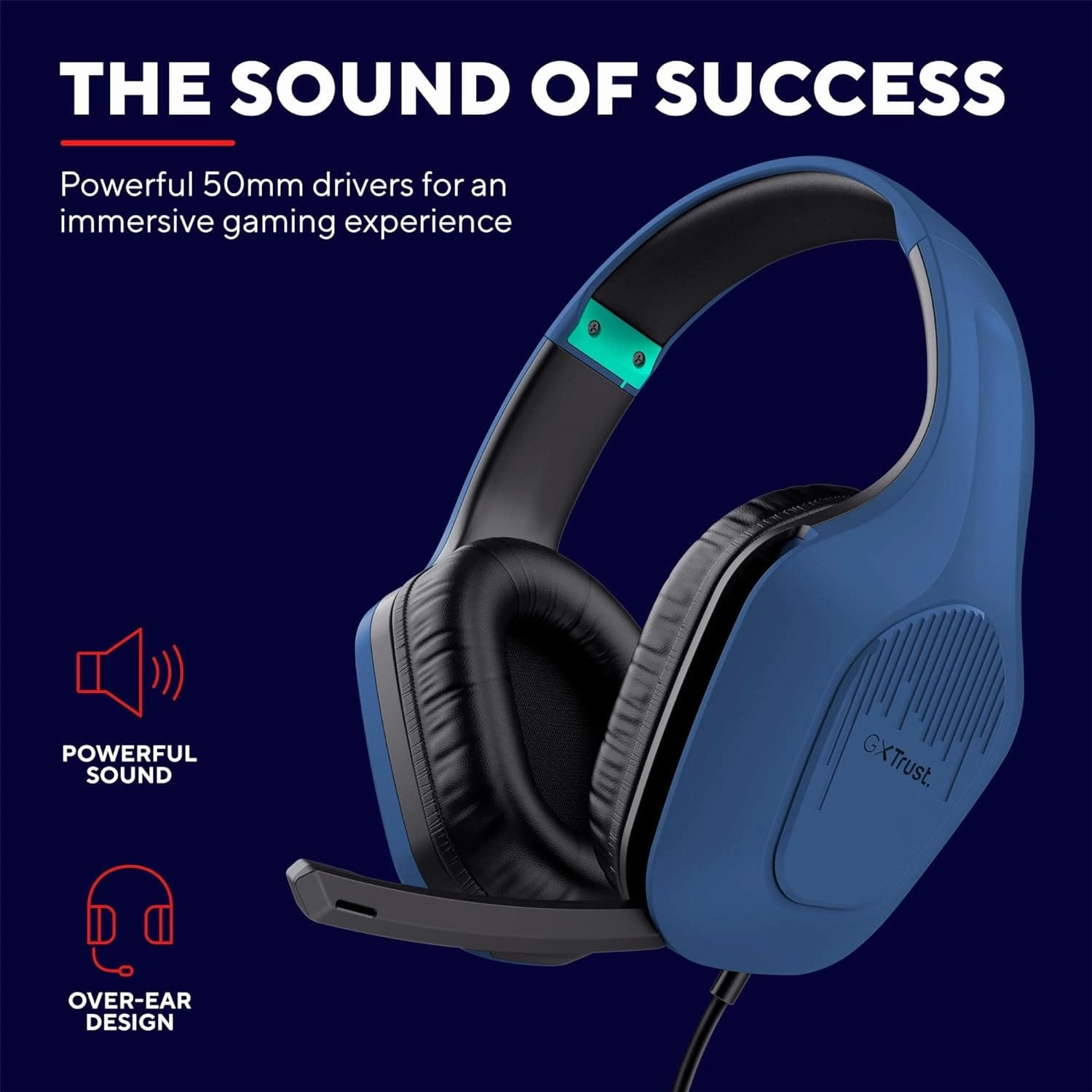 Trust Gaming GXT 415B Zirox Lightweight Gaming Headset with 50mm Drivers for PC, Xbox, PS4, PS5, Switch, Mobile, 3.5 mm Jack, 2m Cable, Foldaway Microphone, Over-Ear Wired Headphones - Blue