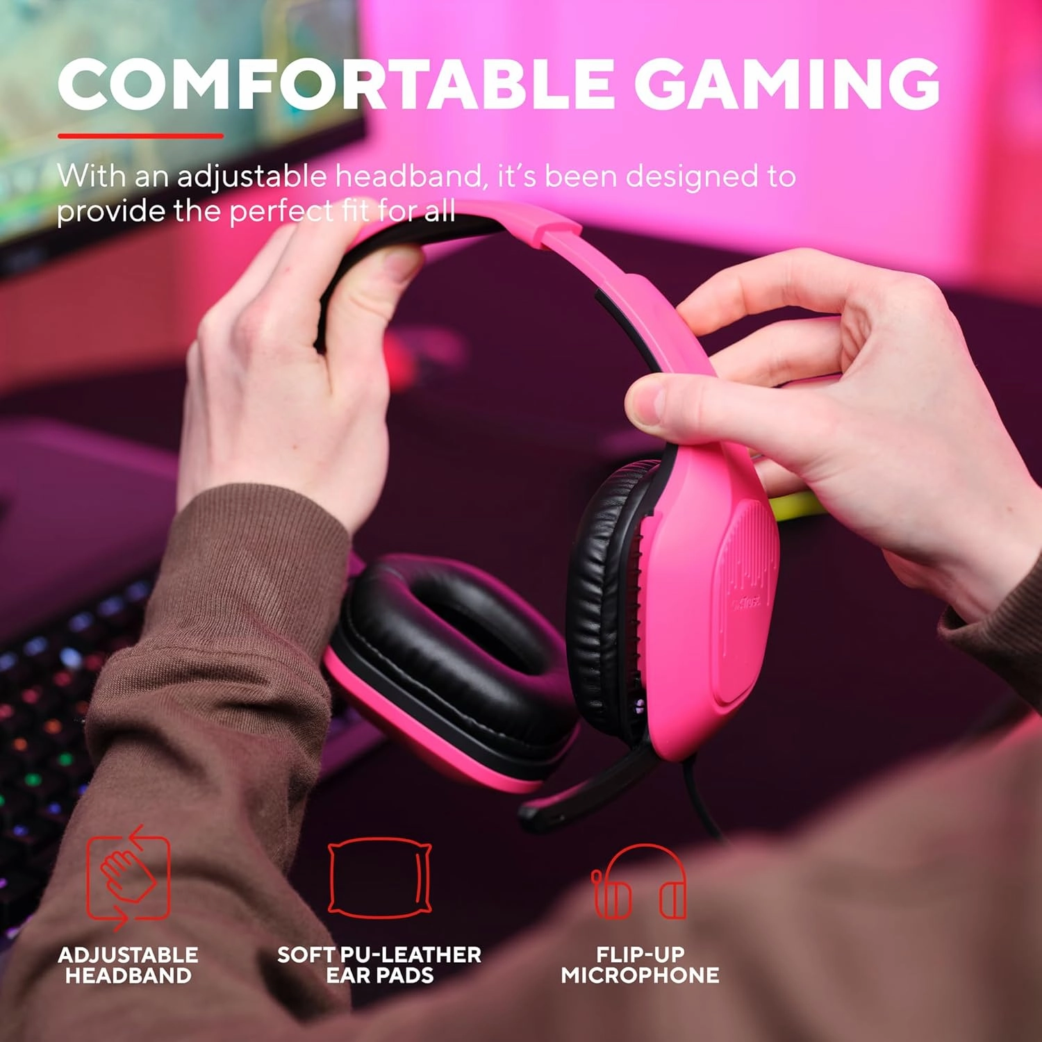 Trust Gaming GXT 415P Zirox Lightweight Over-Ear Gaming Headset, 50mm Drivers, 3.5mm Jack, Foldaway Mic, 2m Cable  Compatible with PC, Xbox, PS4, PS5, Switch, Mobile  Pink
