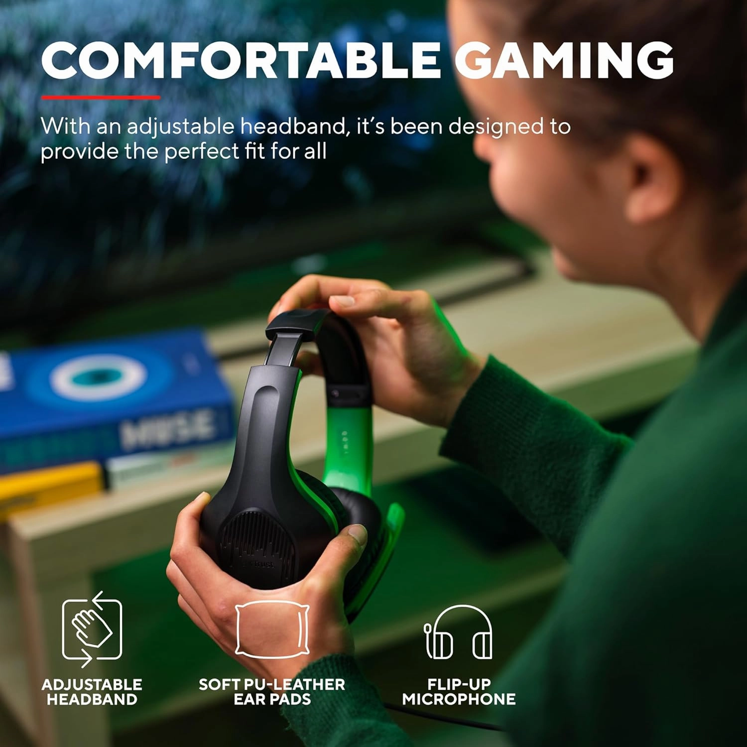 Trust Gaming GXT 415X Zirox Lightweight Gaming Headset  50mm Drivers, 3.5mm Jack, 1.2m Cable, Foldaway Microphone, Over-Ear, Wired  Black/Green
