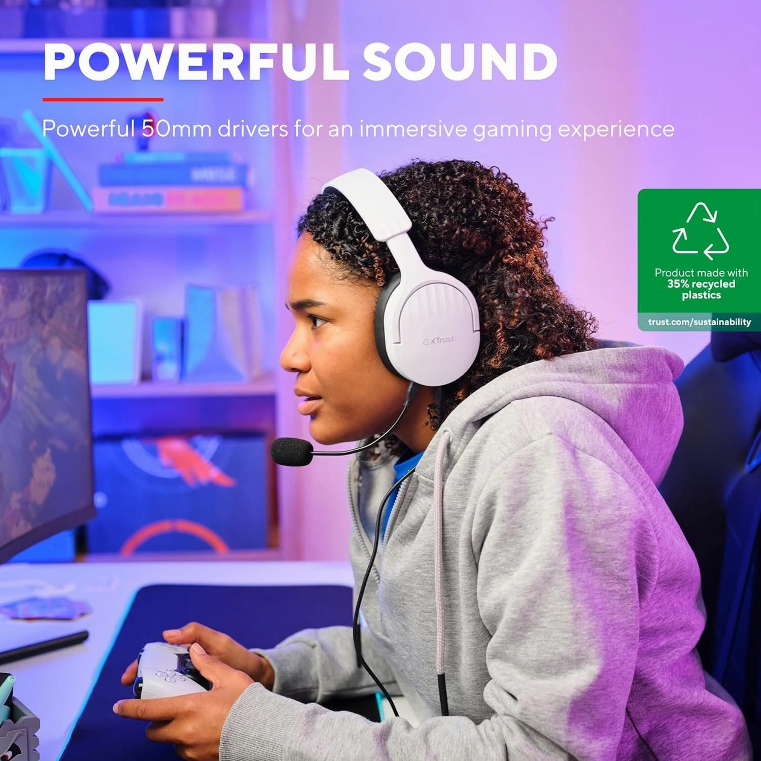 Trust Gaming GXT 489 Fayzo Gaming Headset for PC, PS5, PS4, Xbox Series X|S, Switch, Mobile, 3.5 mm Jack, 35% Recycled Plastics, Over-Ear Wired Headphones with Noise Cancelling Microphone - White