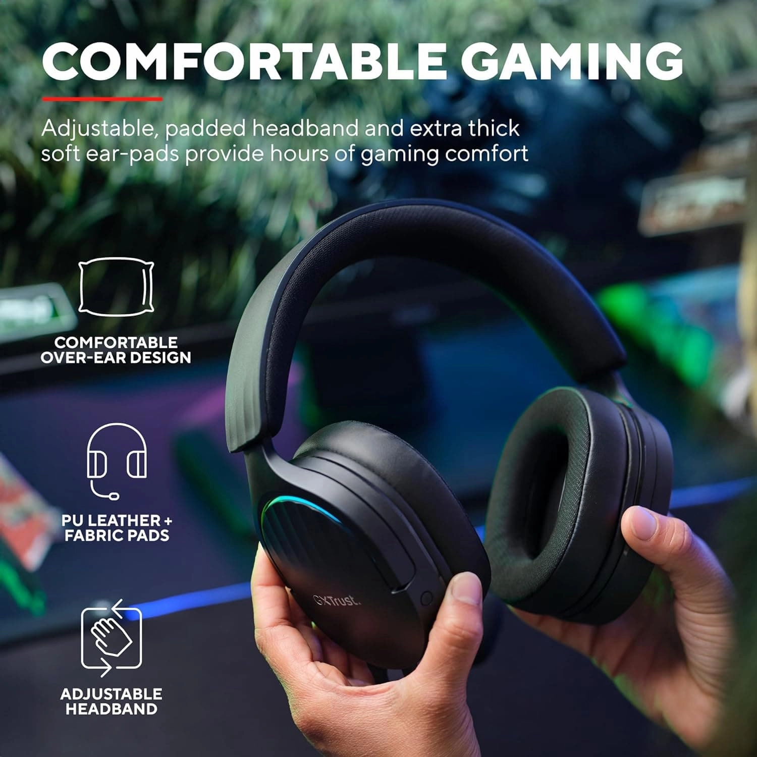 Trust Gaming GXT 490 Fayzo USB Gaming Headset 7.1 Surround Sound, 50mm Drivers, 85% Recycled Plastics, RGB Over-Ear Wired Headphones, with Noise Cancelling Microphone for PC PS5 - Black