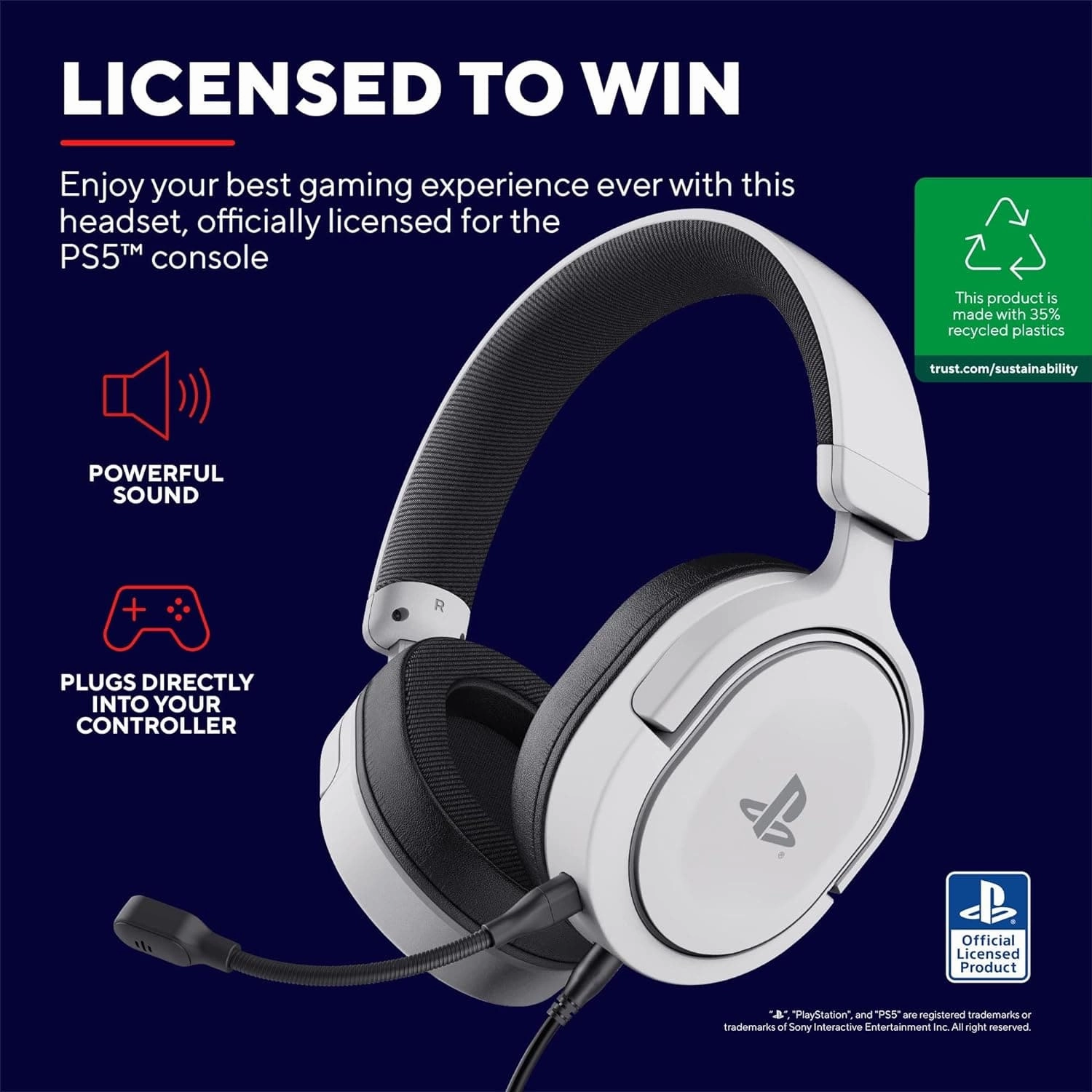 Trust Gaming GXT 498W Forta Wired Gaming Headset - Officially Licensed for PS5/PS4, 50mm Drivers, Detachable Mic, 1.2m Cable, Over-Ear, White