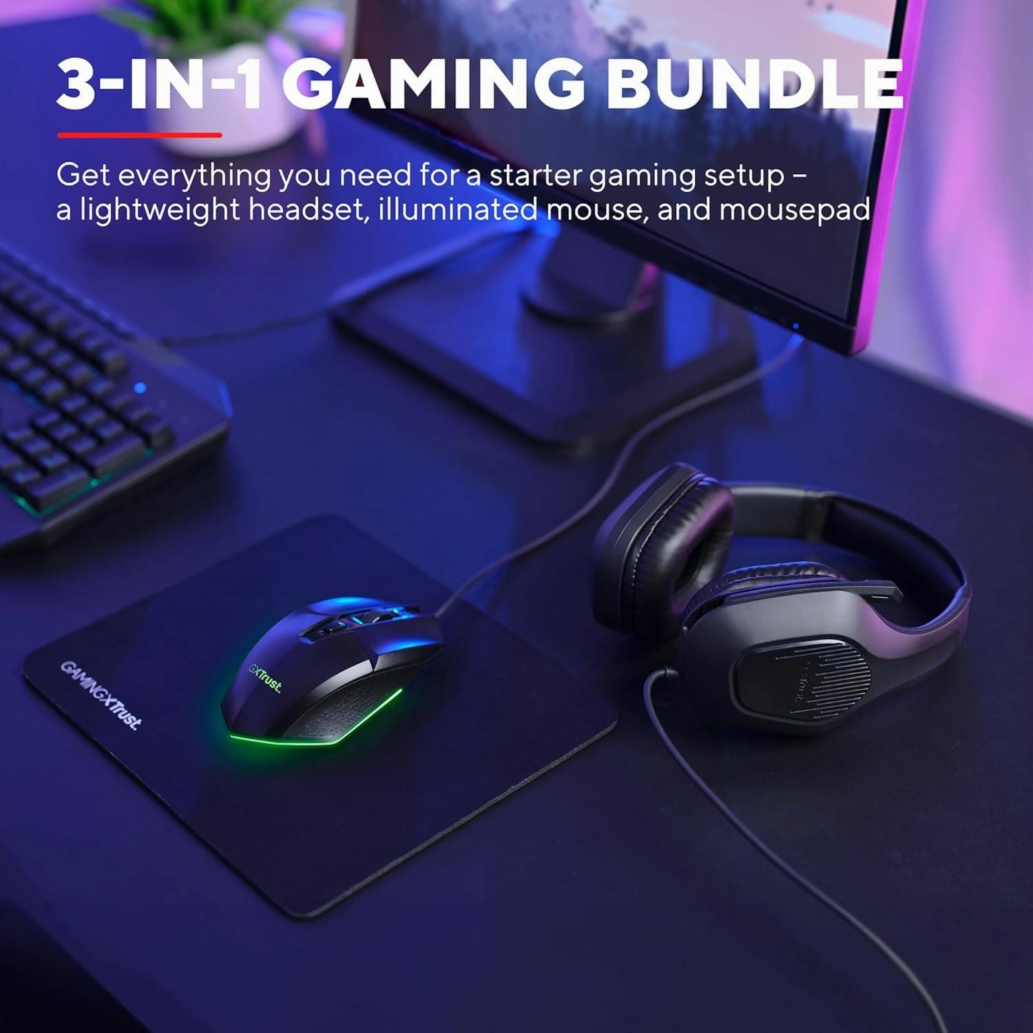 Trust Gaming GXT 790 Tridox 3-in-1 Gaming PC Bundle - Lightweight Headset with 50mm Drivers, Programmable Wired Mouse 200-6400 DPI, Mouse Mat, Gamer Set for Computer, Laptop, Desktop - Black
