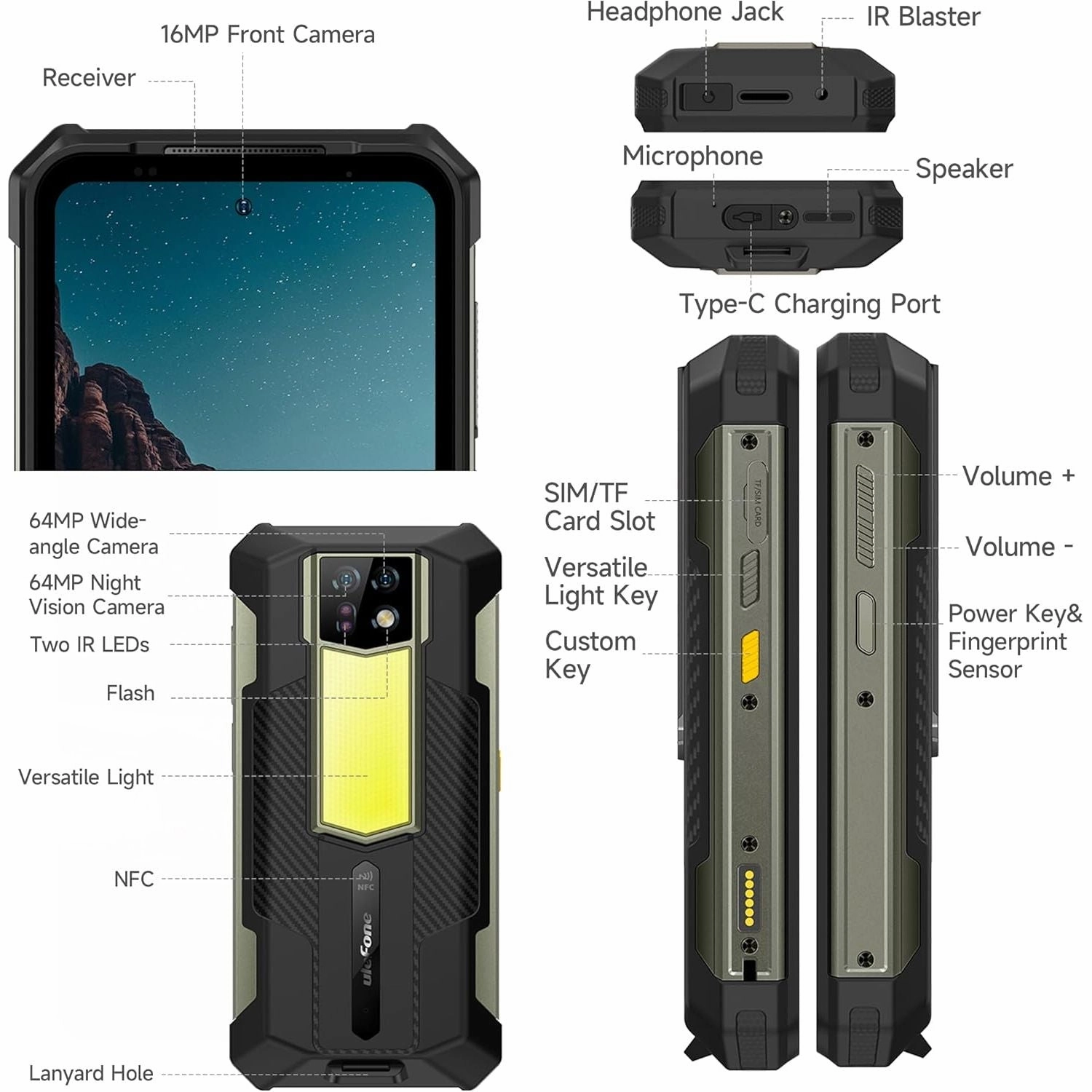 Ulefone Armor 24 Rugged Smartphone  22000mAh Battery, 66W Fast Charging, 24GB RAM   256GB/2TB Storage, Android 14, 64MP   64MP Night Vision, 120Hz 6.78" Corning Gorilla Glass, 4G, 3-Card Slot, Built-in LED Light, Waterproof