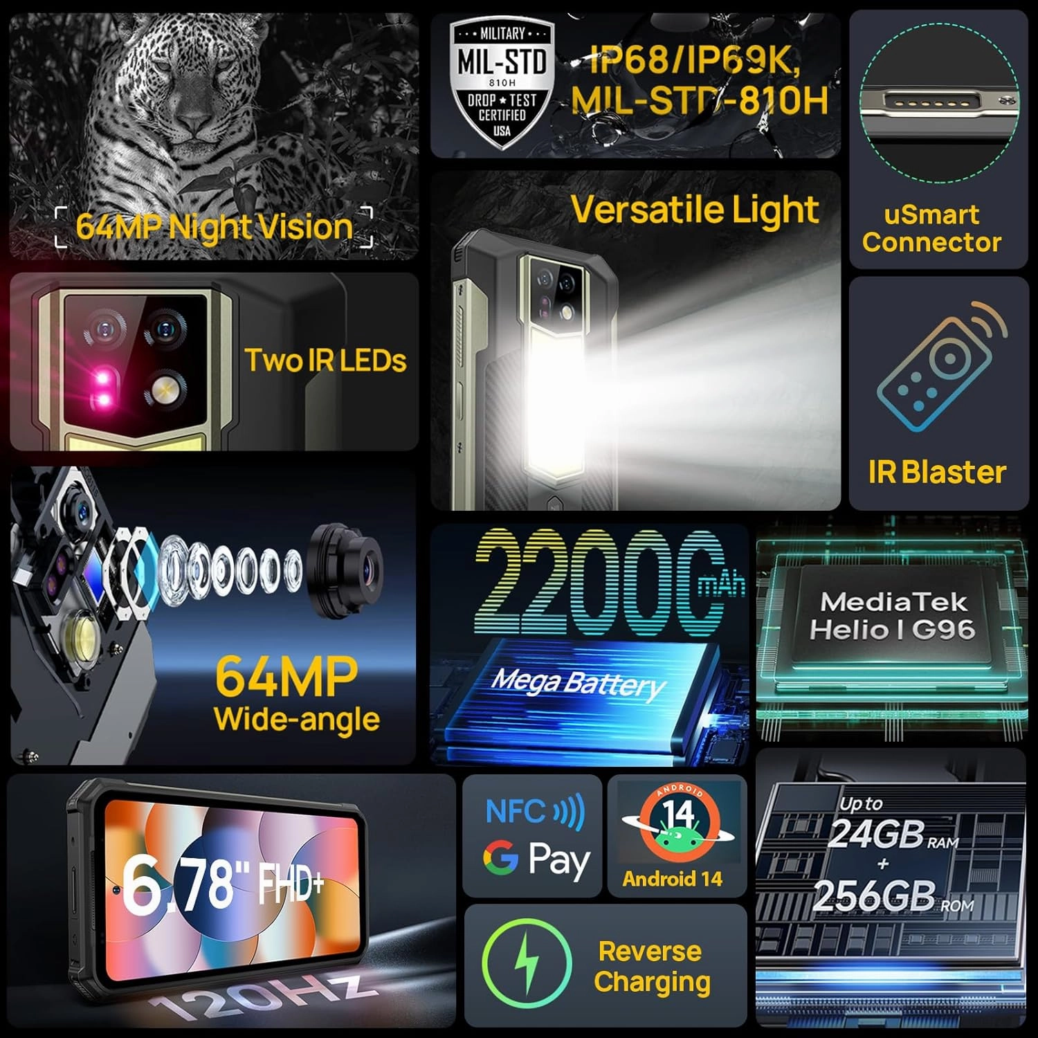 Ulefone Armor 24 Rugged Smartphone  22000mAh Battery, 66W Fast Charging, 24GB RAM   256GB/2TB Storage, Android 14, 64MP   64MP Night Vision, 120Hz 6.78" Corning Gorilla Glass, 4G, 3-Card Slot, Built-in LED Light, Waterproof