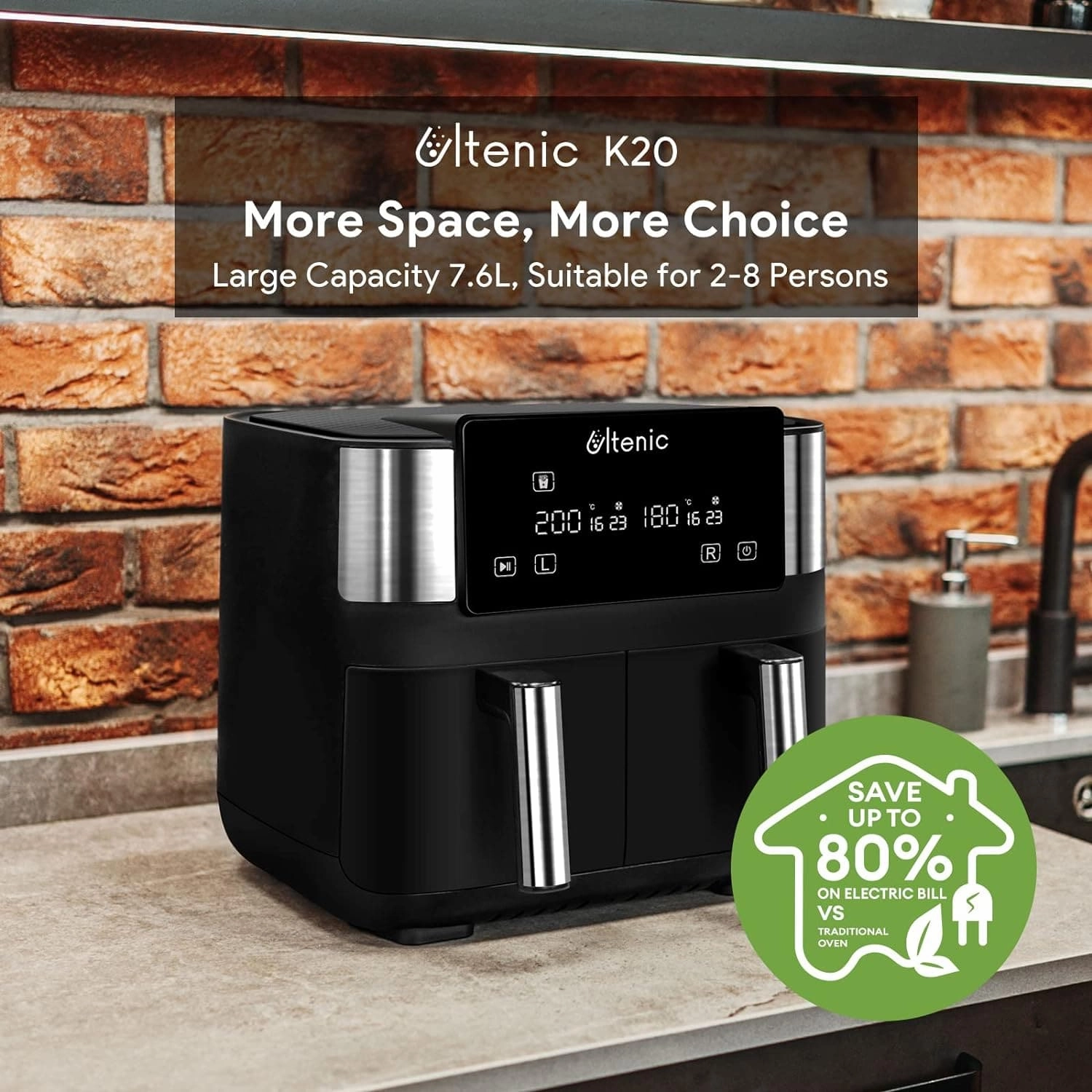 Ultenic K20 Dual Air Fryer, 6-in-1 Health Air Fryers with 2 Independent Frying Baskets, SYNC Cooking, XL 7.6L Family Sized, App with 100  Recipes, Dishwasher-Safe