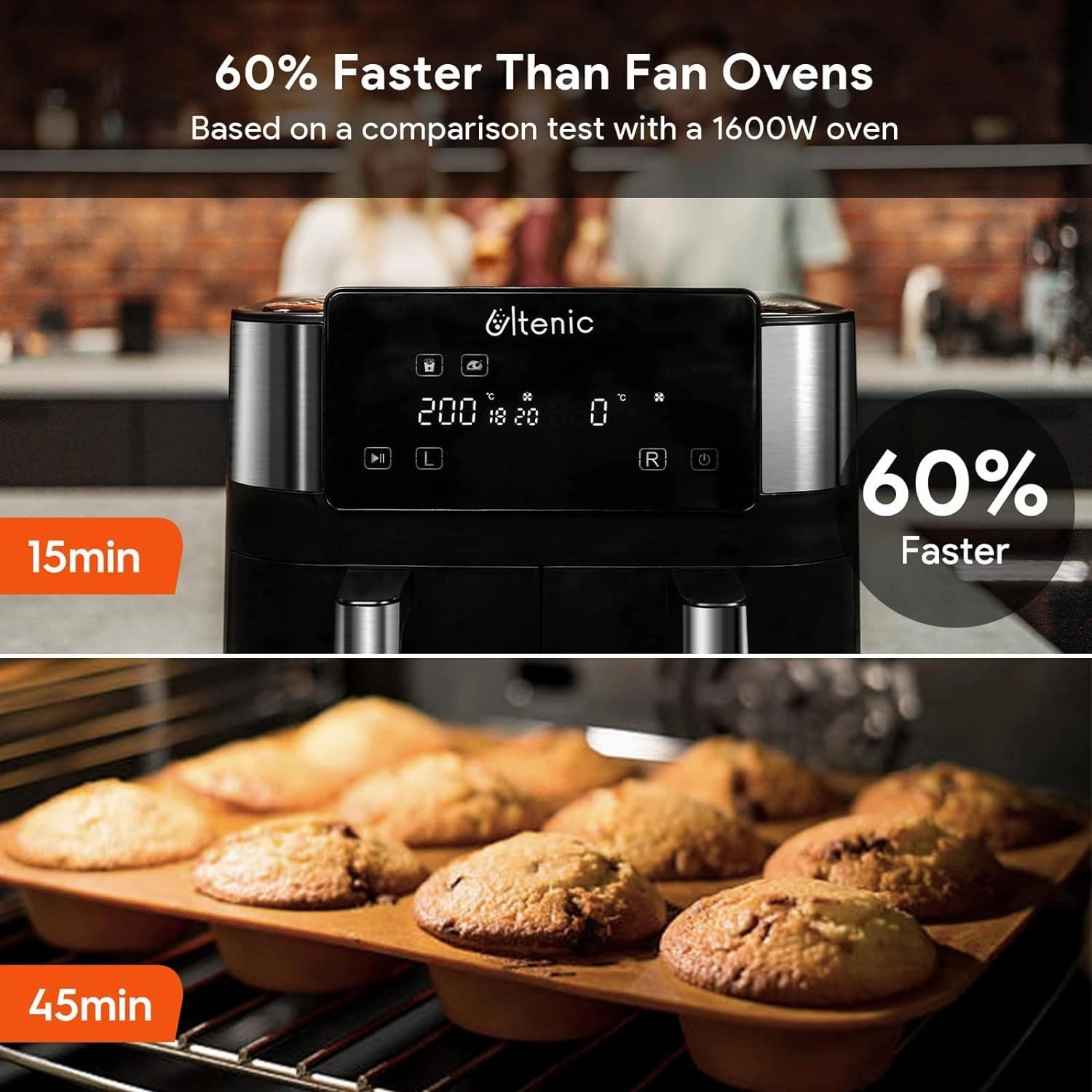 Ultenic K20 Dual Air Fryer, 6-in-1 Health Air Fryers with 2 Independent Frying Baskets, SYNC Cooking, XL 7.6L Family Sized, App with 100  Recipes, Dishwasher-Safe