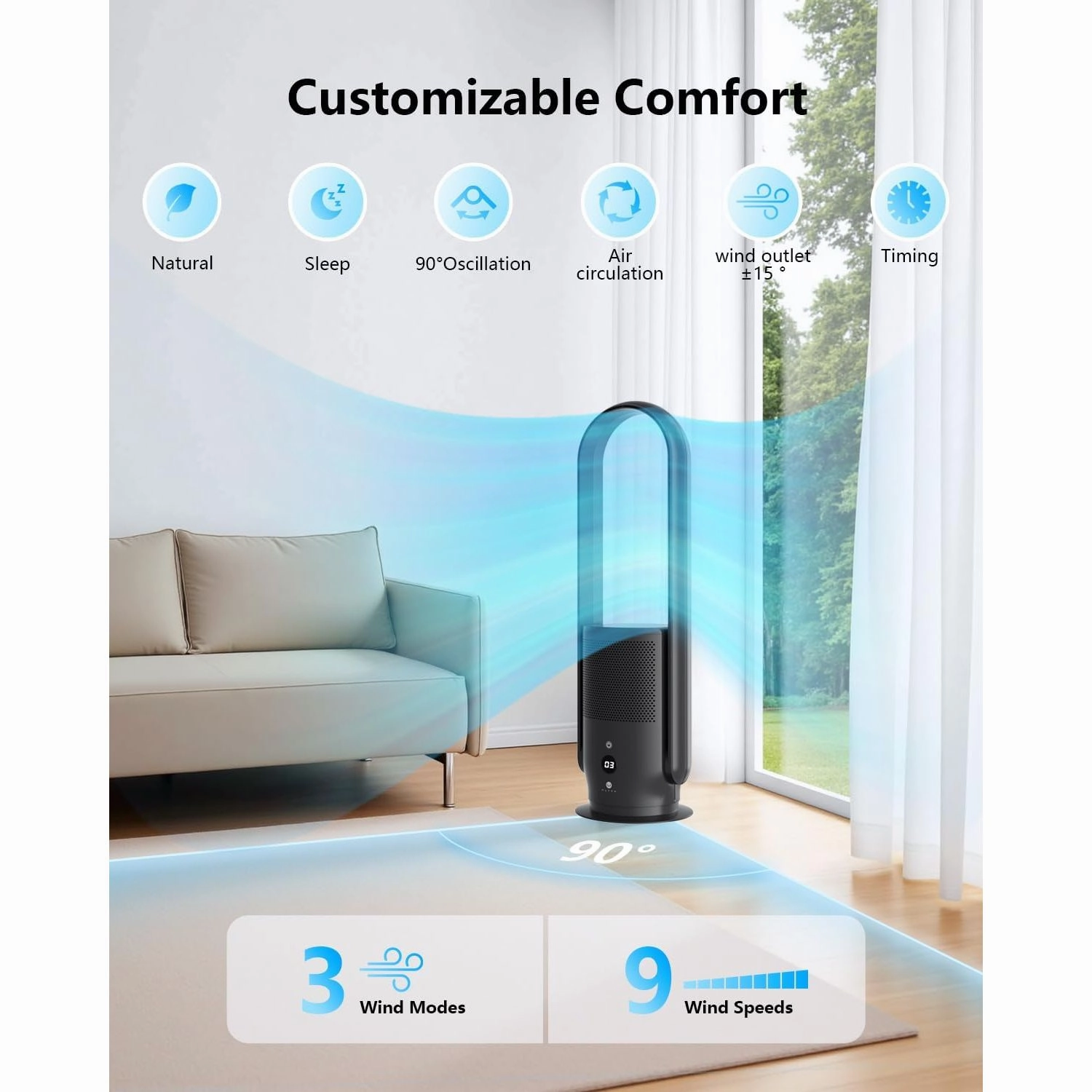 Ultty Bladeless Tower Fan with HEPA Air Purifier  80cm Oscillating, 9 Speeds, Remote, Timer, Touch Control, Black (CR022D)