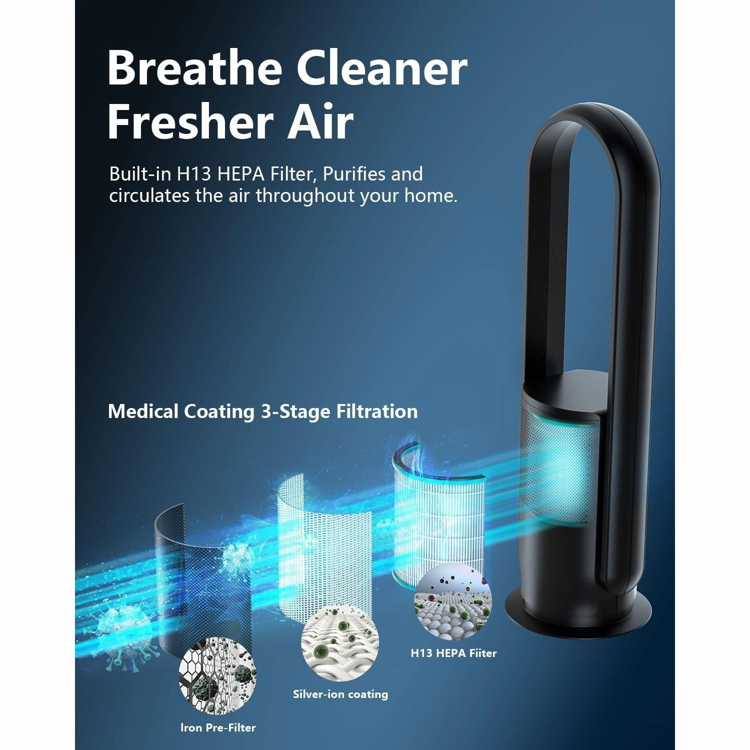 Ultty Bladeless Tower Fan with HEPA Air Purifier  80cm Oscillating, 9 Speeds, Remote, Timer, Touch Control, Black (CR022D)