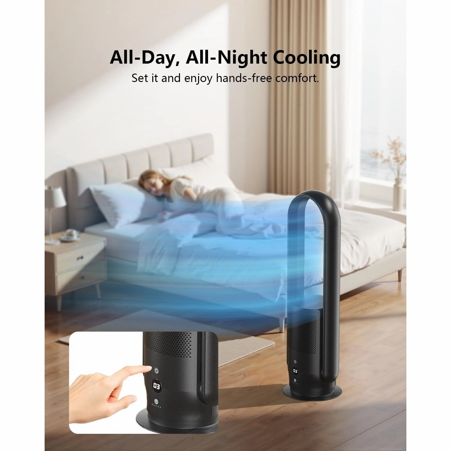 Ultty Bladeless Tower Fan with HEPA Air Purifier  80cm Oscillating, 9 Speeds, Remote, Timer, Touch Control, Black (CR022D)