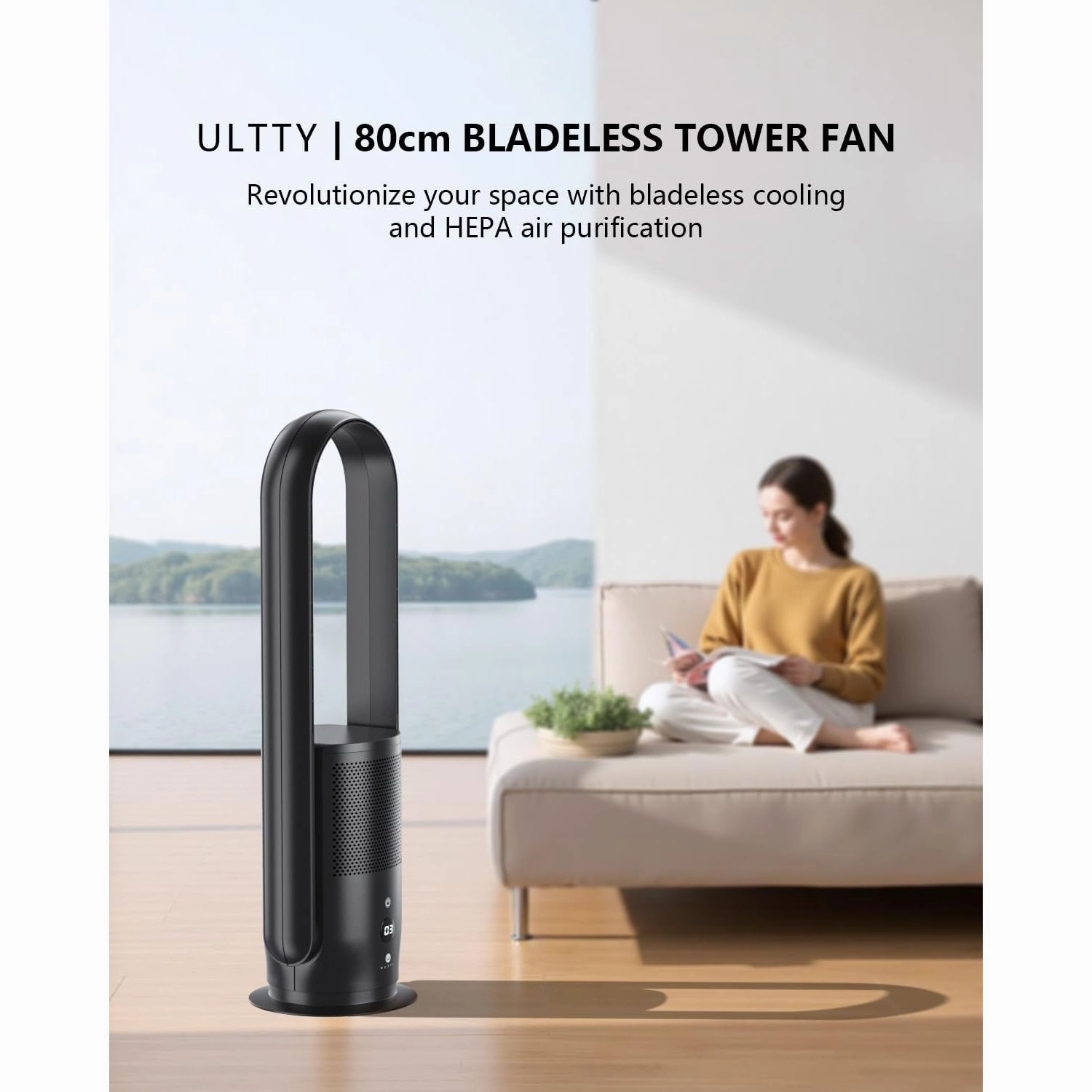 Ultty Bladeless Tower Fan with HEPA Air Purifier  80cm Oscillating, 9 Speeds, Remote, Timer, Touch Control, Black (CR022D)