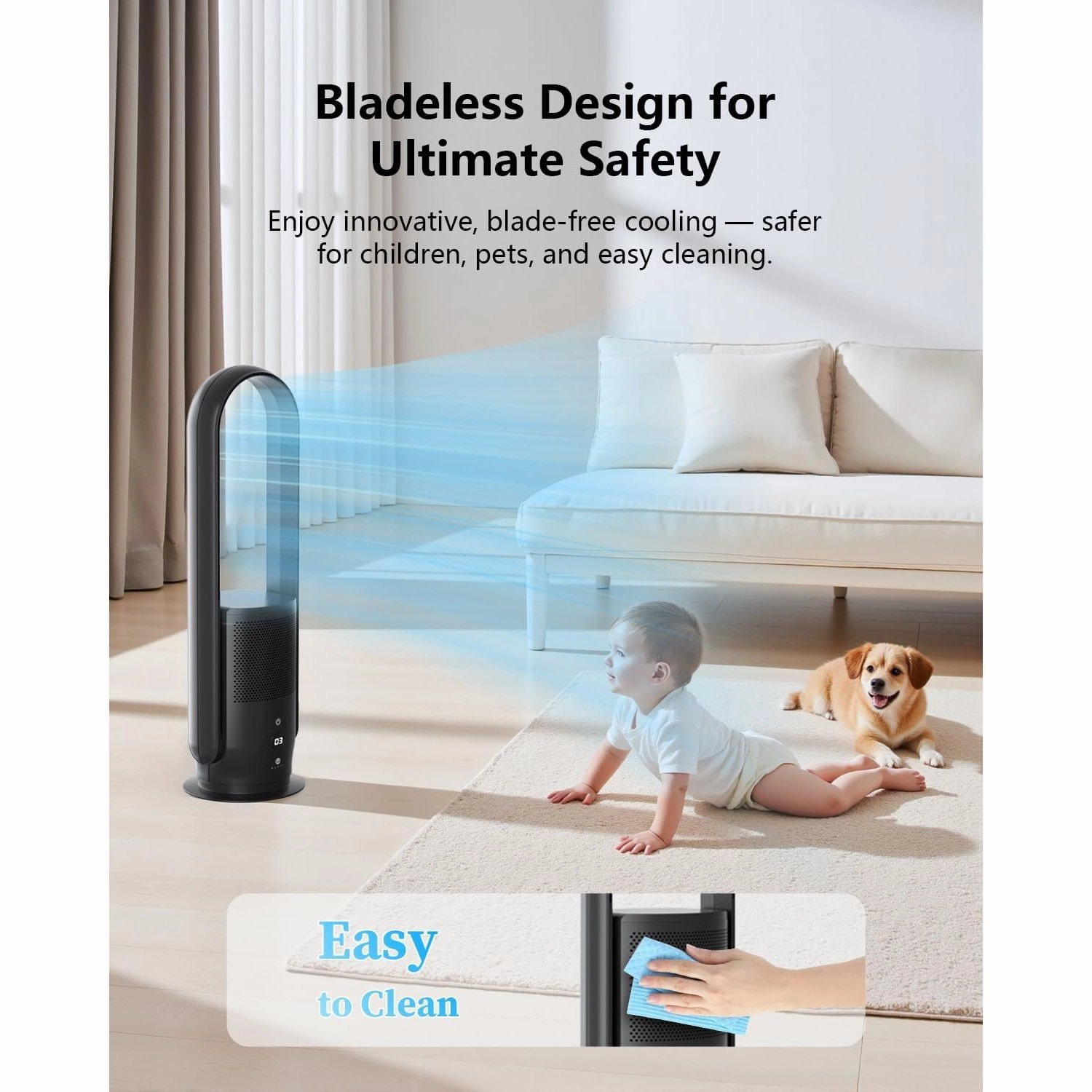 Ultty Bladeless Tower Fan with HEPA Air Purifier  80cm Oscillating, 9 Speeds, Remote, Timer, Touch Control, Black (CR022D)