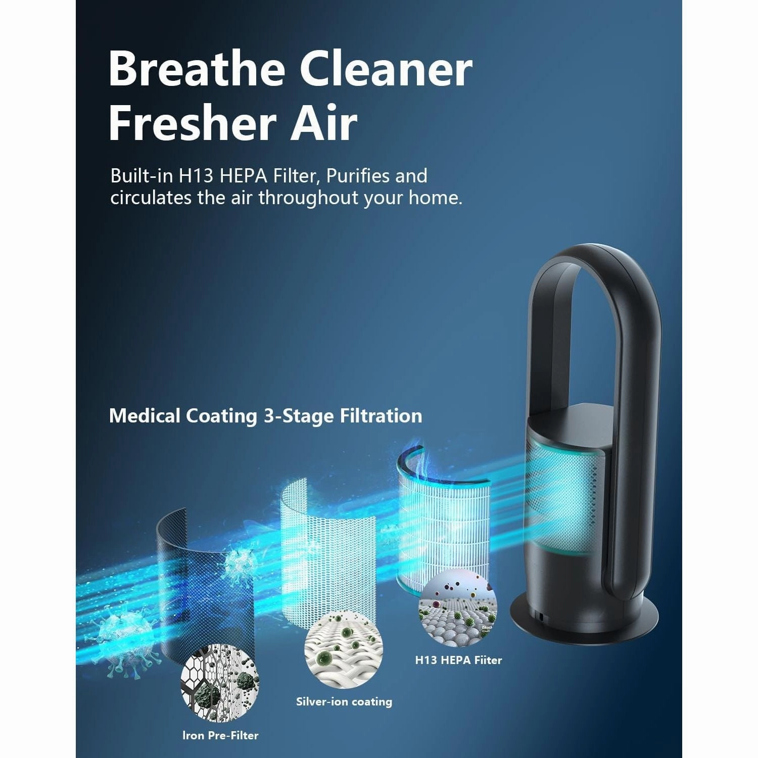 Ultty Bladeless Tower Fan with HEPA Air Purifier  Remote, Touch Control, Timer, 90 Oscillation, 9 Speeds, Black (CR021)