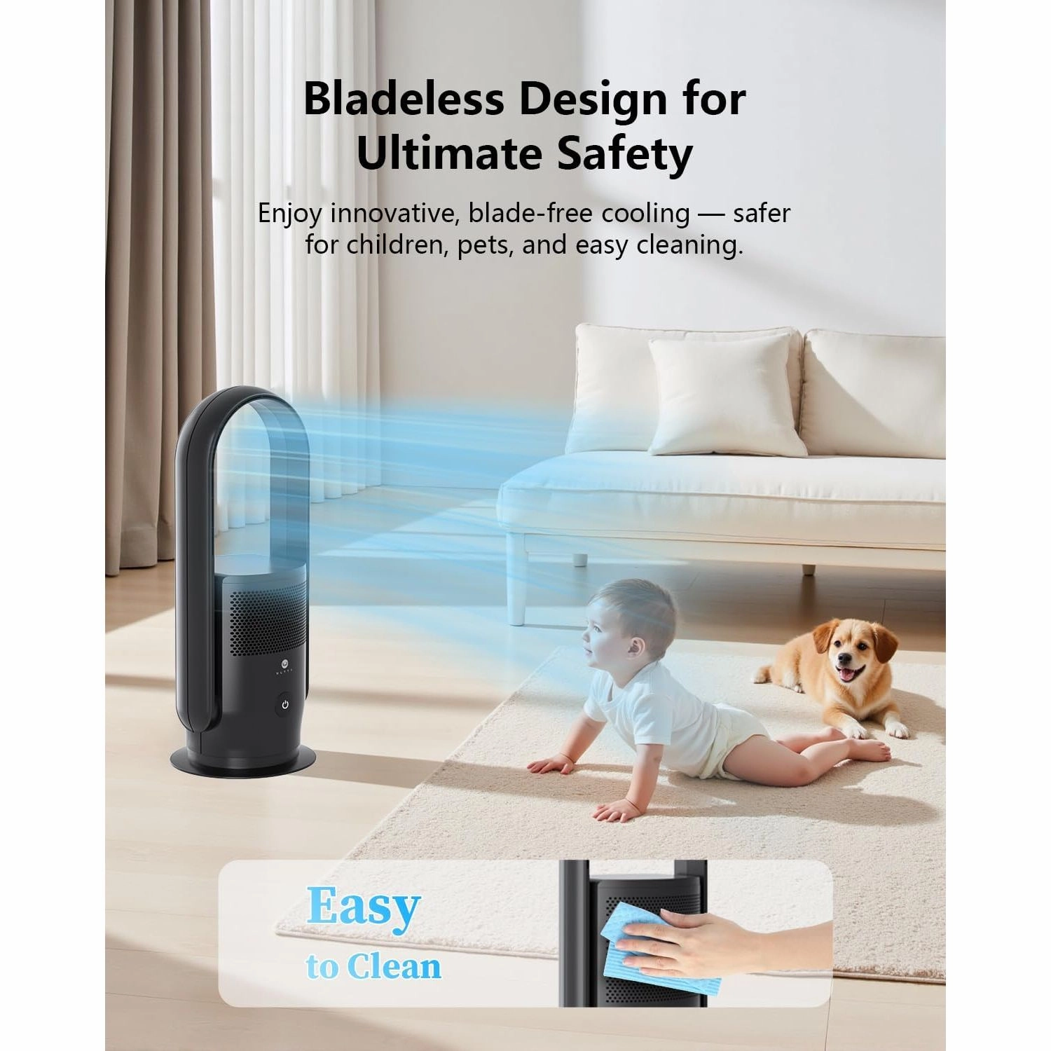 Ultty Bladeless Tower Fan with HEPA Air Purifier  Remote, Touch Control, Timer, 90 Oscillation, 9 Speeds, Black (CR021)