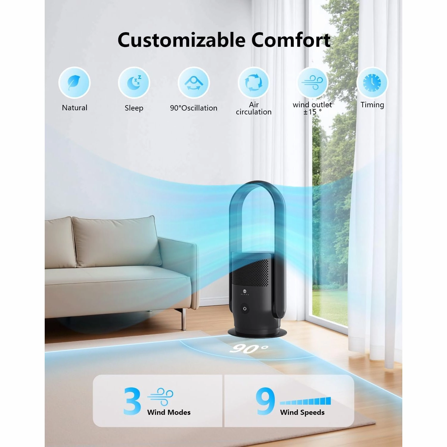 Ultty Bladeless Tower Fan with HEPA Air Purifier  Remote, Touch Control, Timer, 90 Oscillation, 9 Speeds, Black (CR021)