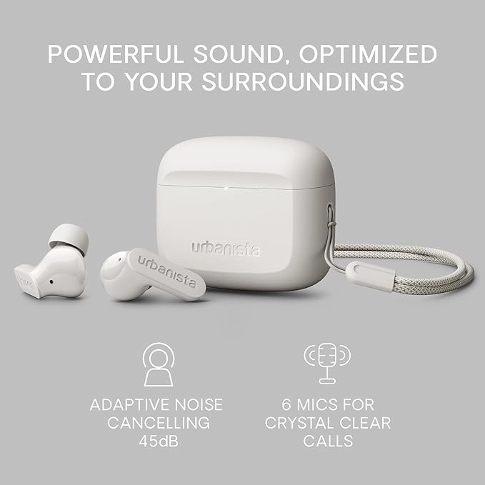 Urbanista Palo Alto True Wireless Earbuds ANC, 45H Playtime, Bluetooth Multipoint, IP54, USB-C Charging Case - White