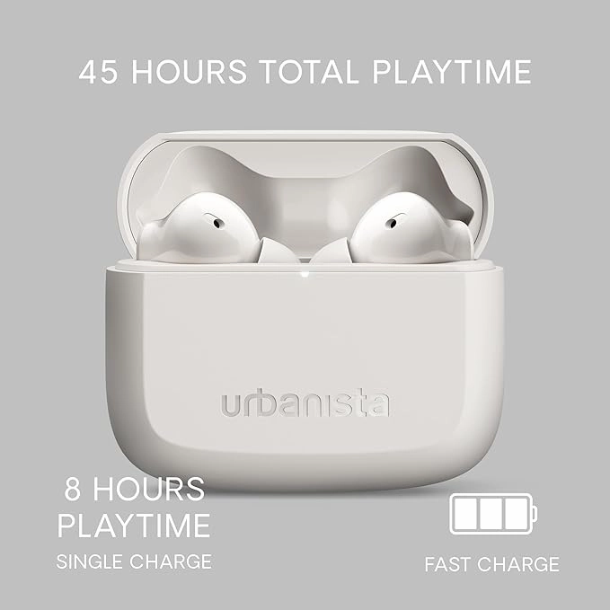 Urbanista Palo Alto True Wireless Earbuds ANC, 45H Playtime, Bluetooth Multipoint, IP54, USB-C Charging Case - White
