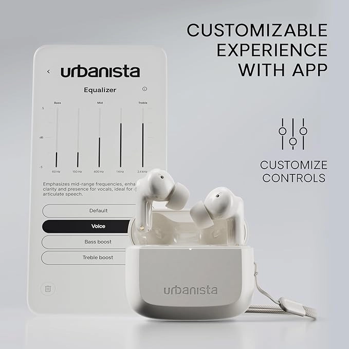 Urbanista Palo Alto True Wireless Earbuds ANC, 45H Playtime, Bluetooth Multipoint, IP54, USB-C Charging Case - White