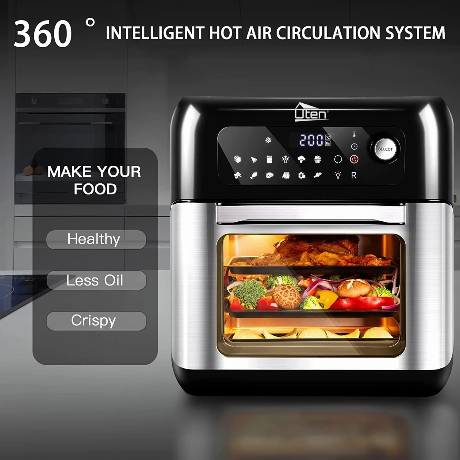 Uten 10L Digital Air Fryer Oven | 1500W Smart Tabletop with LED Touch Control, 12 Presets & Recipe Book
