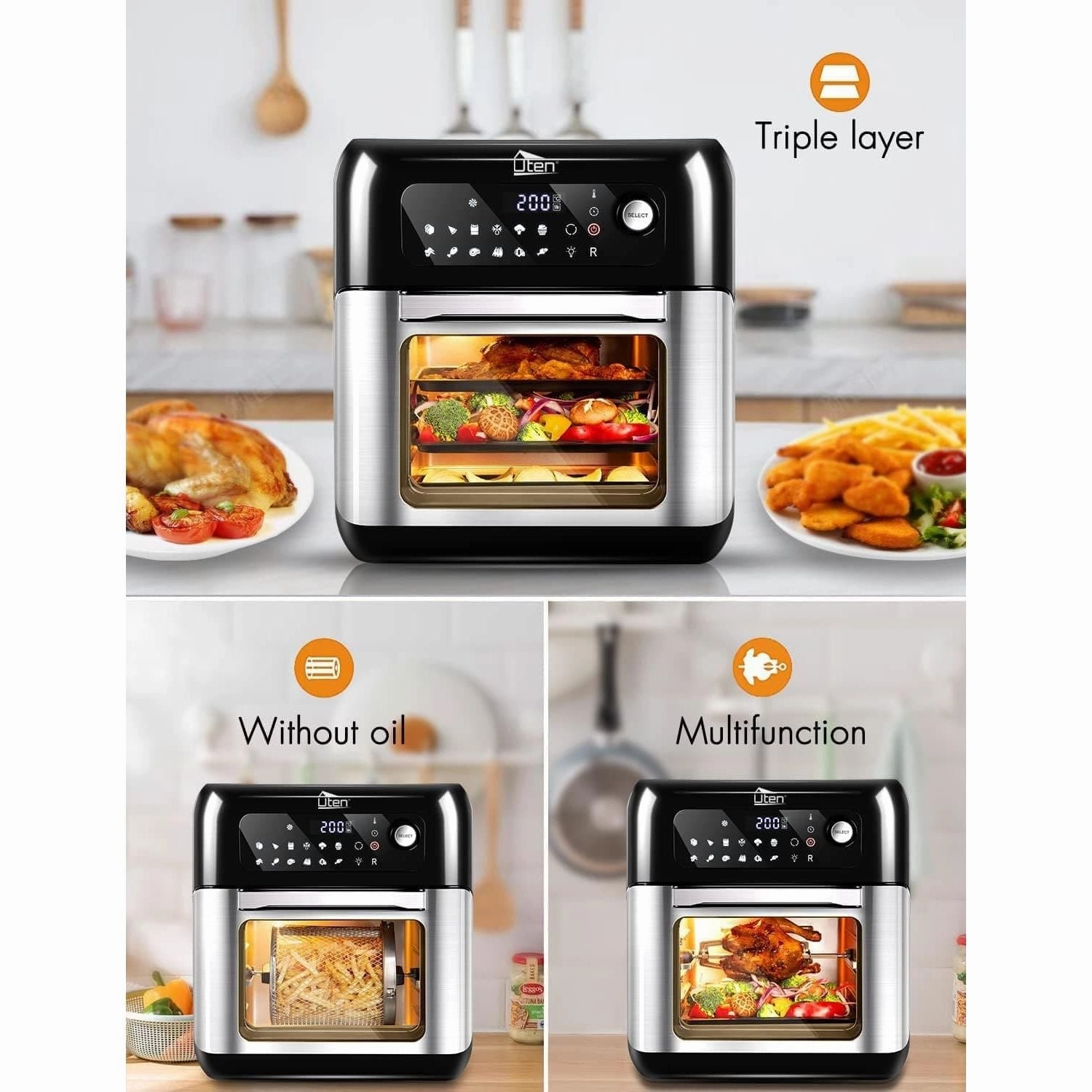 Uten 10L Digital Air Fryer Oven | 1500W Smart Tabletop with LED Touch Control, 12 Presets & Recipe Book