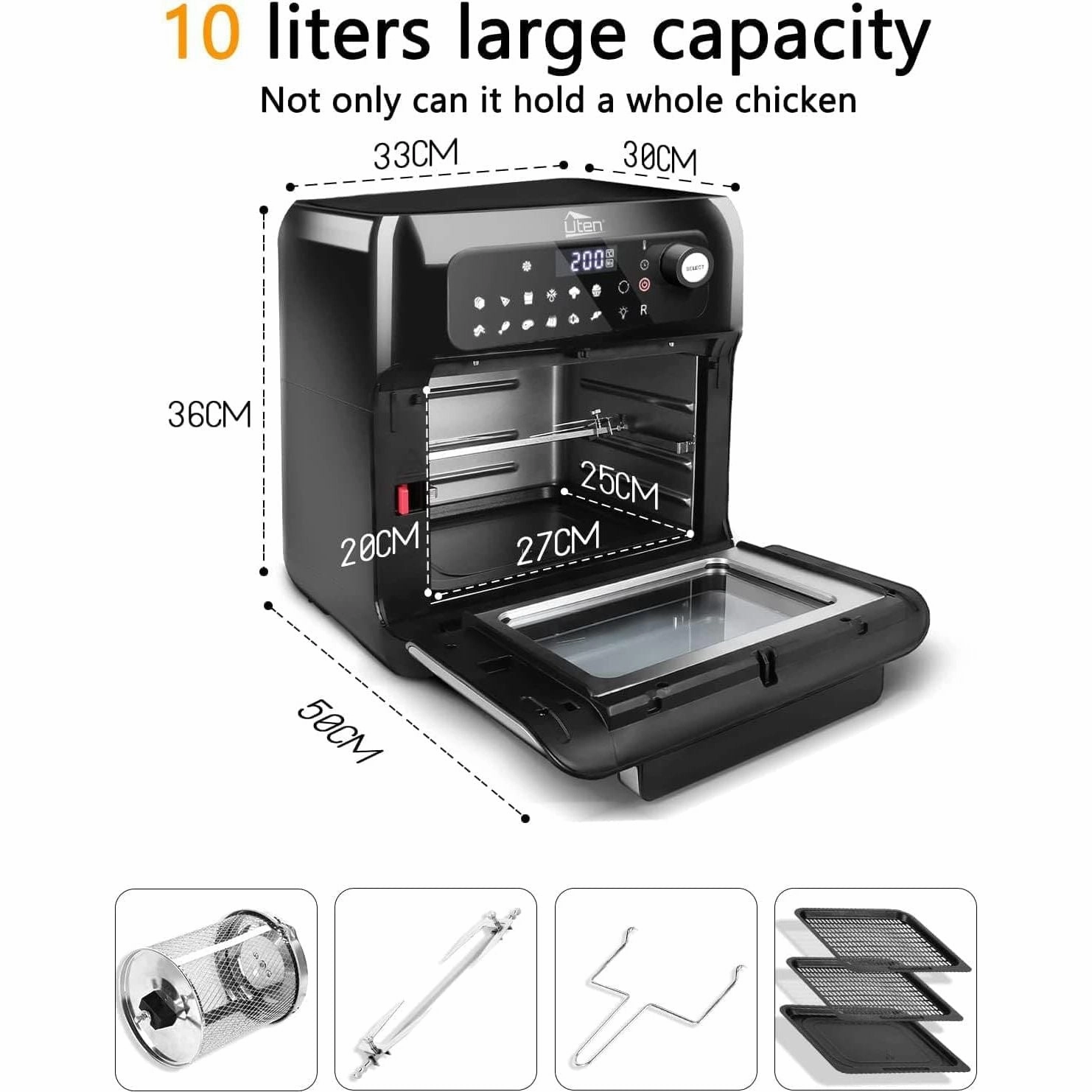 Uten 10L Digital Air Fryer Oven | 1500W Smart Tabletop with LED Touch Control, 12 Presets & Recipe Book
