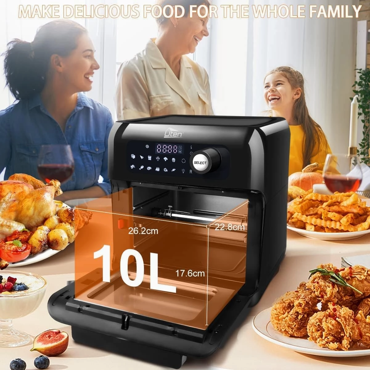 Uten 10L Digital Air Fryer Oven | 1500W Smart Tabletop with LED Touch Control, 12 Presets & Recipe Book