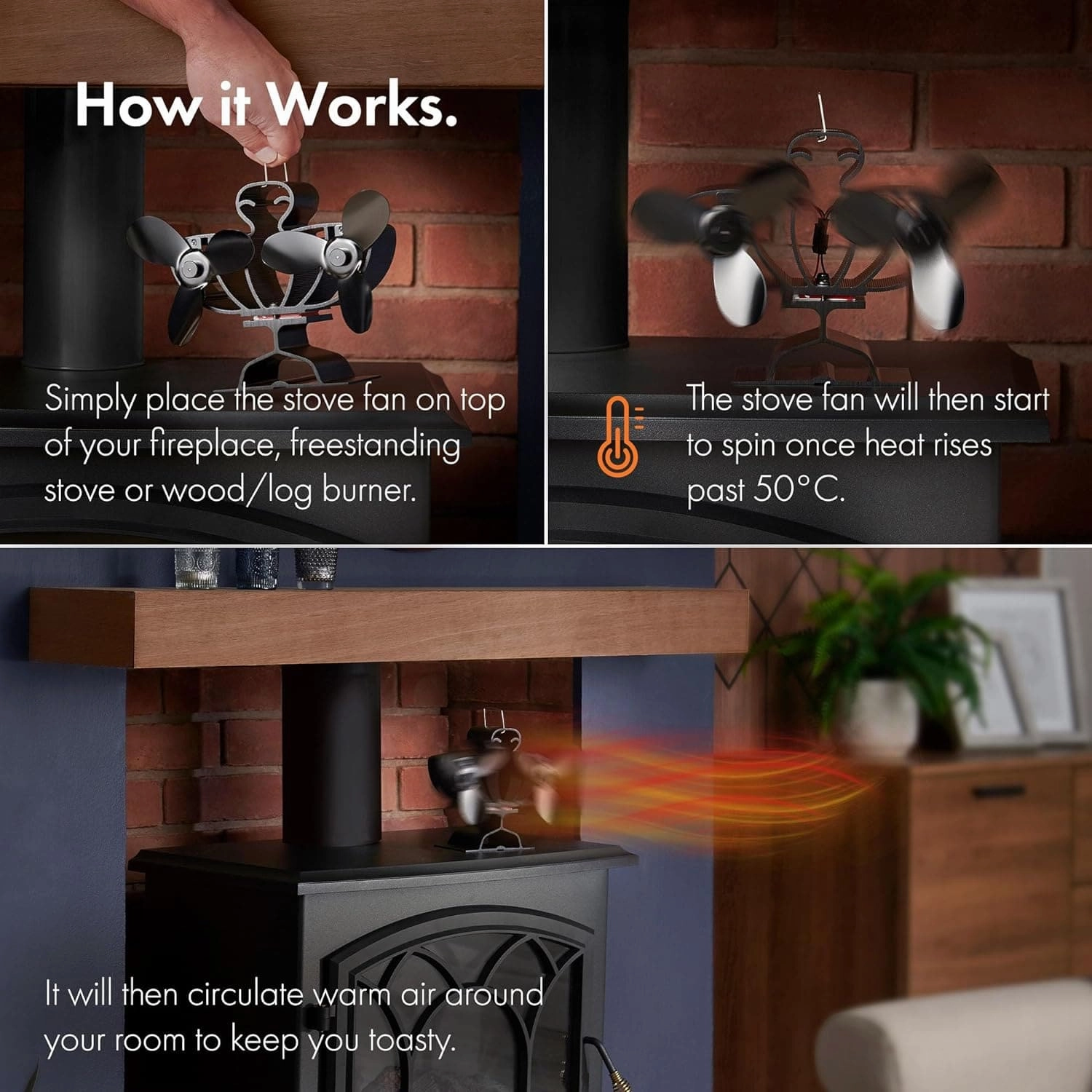 VonHaus Stove Fan  Double Log Burner Fan with 6 Blades, Heat Powered Fan for Wood/Log Burners, Fireplaces, Stove Heaters  Silent Operation, Eco Friendly Circulation, Self Powered