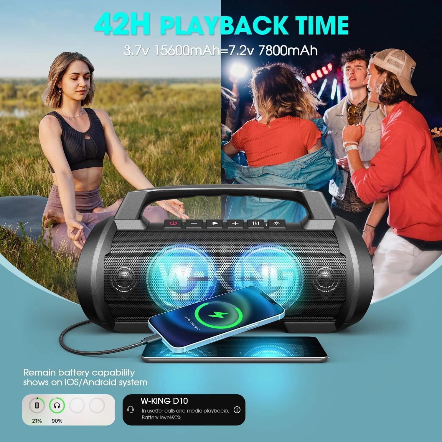 W-KING Outdoor Portable Speaker Bluetooth Waterproof with Lights - 70W Loud Bluetooth Speaker Wireless