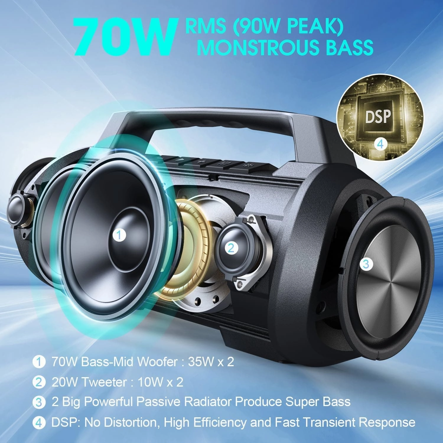 W-KING Outdoor Portable Speaker Bluetooth Waterproof with Lights - 70W Loud Bluetooth Speaker Wireless