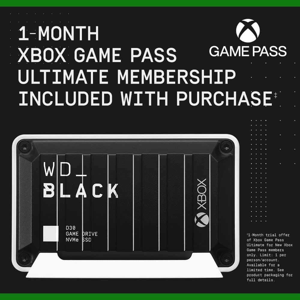 WD_BLACK 500GB D30 Game Drive SSD for Xbox External Solid State Drive up to 900MB/s with 1-Month Xbox Game Pass works with Xbox series X|S & PC