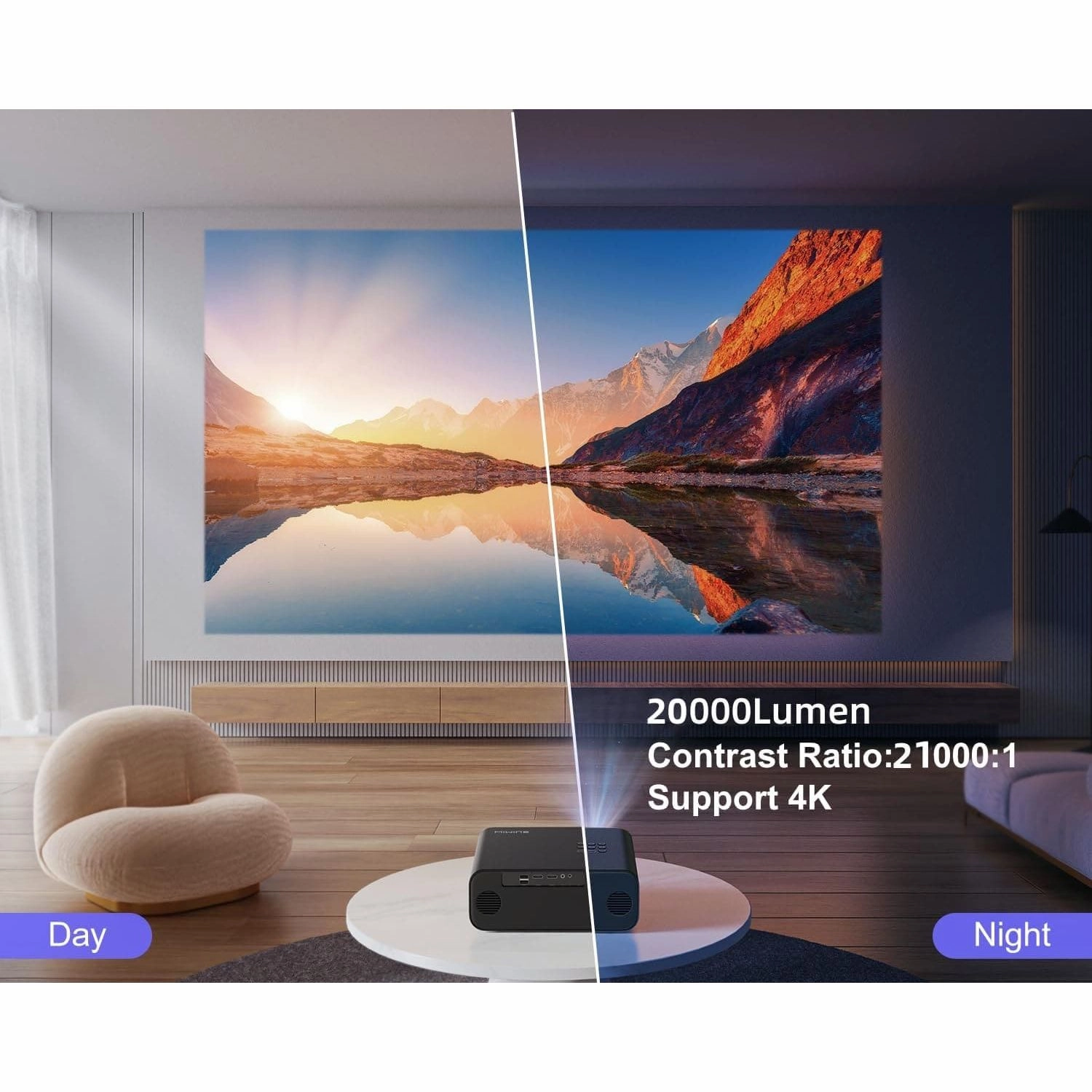 WiMiUS 26000 Lumen Full HD 1080P Portable Projector with Auto Focus & Keystone, WiFi 6, Bluetooth, 4K Support, 4D/4P Keystone, 50% Zoom, 300'' Display for Smartphone/TV Stick/PPT/PS5