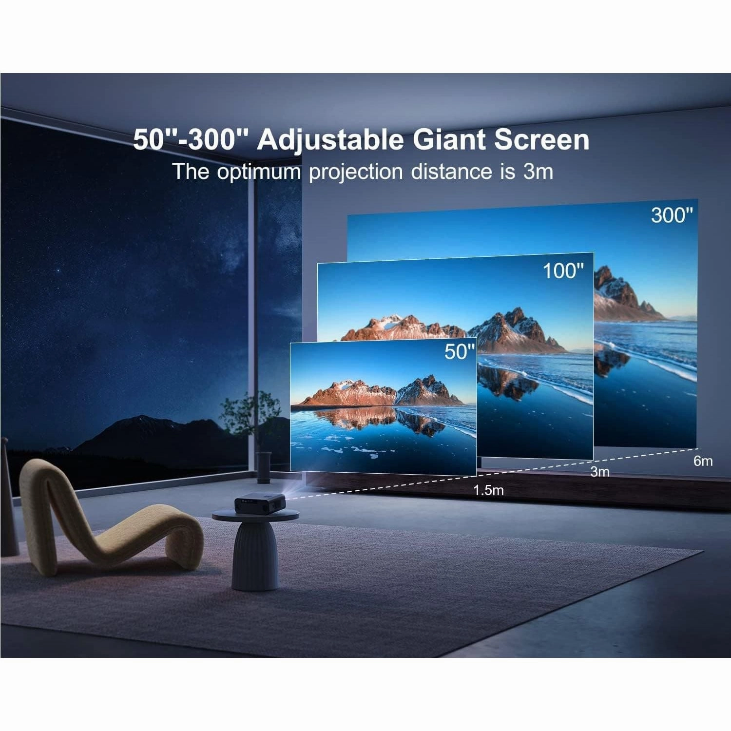WiMiUS 26000 Lumen Full HD 1080P Portable Projector with Auto Focus & Keystone, WiFi 6, Bluetooth, 4K Support, 4D/4P Keystone, 50% Zoom, 300'' Display for Smartphone/TV Stick/PPT/PS5