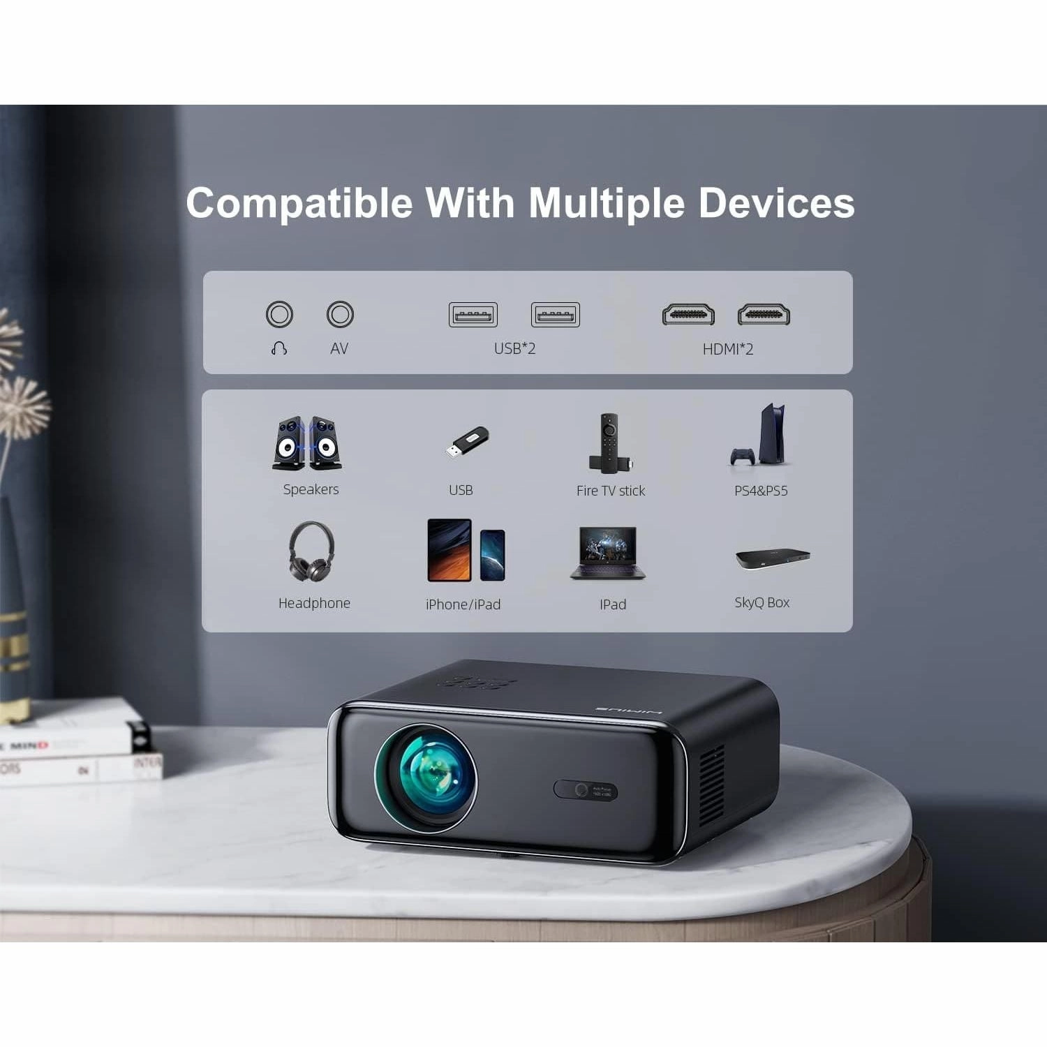 WiMiUS 26000 Lumen Full HD 1080P Portable Projector with Auto Focus & Keystone, WiFi 6, Bluetooth, 4K Support, 4D/4P Keystone, 50% Zoom, 300'' Display for Smartphone/TV Stick/PPT/PS5
