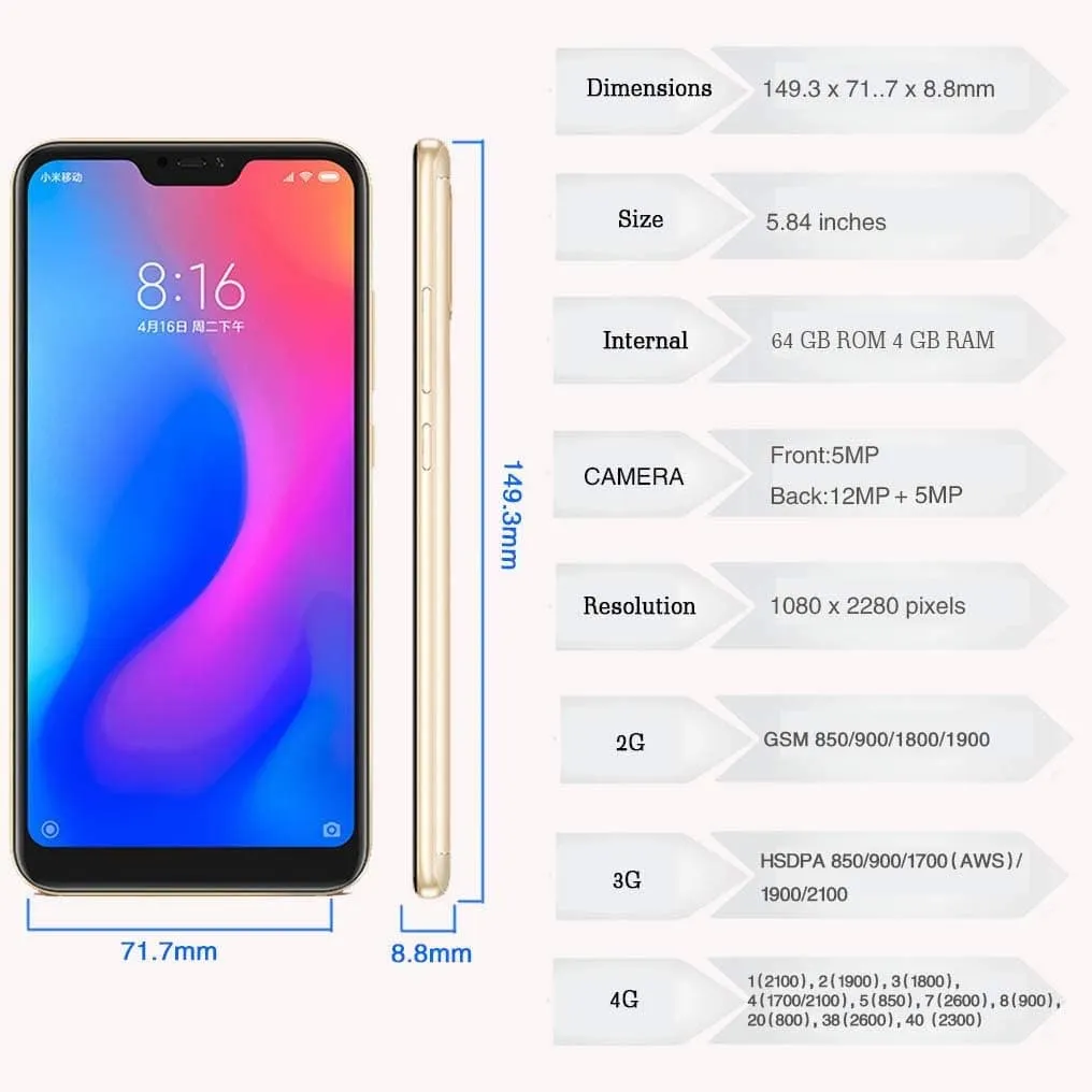 Xiaomi Mi A2 Lite - 4G - 64GB Storage - 4GB RAM - Dual SIM - Gold - Unlocked