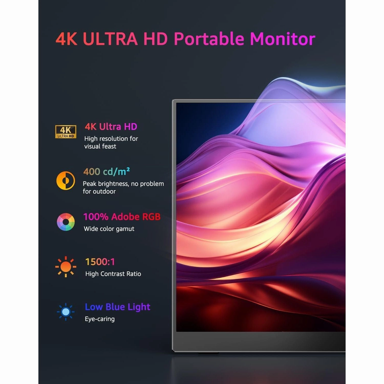 Yodoit 15.6" 4K UHD Portable Monitor, IPS Display, USB-C, Built-In Speakers, Smart Cover, Compatible with PC, Laptop, MacBook, Xbox